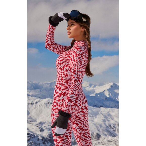 Pretty Little Thing PLT Red Ski Knitted Houndstooth Jumpsuit XS NWT - Picture 4 of 9